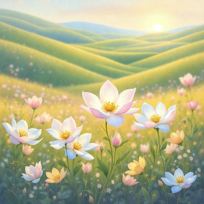 The primary subject of the image is a field of flowers, with a variety of different types of flowers blooming in the grass. The setting is a lush green hillside, providing a beautiful backdrop for the flowers. The visual style is a combination of photo and digital art, creating a vibrant and colorful scene. The dominant colors are shades of pink, white, and yellow, giving the image a warm and cheerful atmosphere.